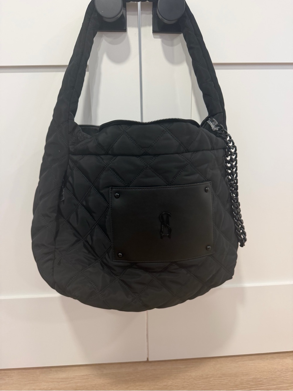 Steve Madden Quilted Black Shoulder Bag with Chain Accent